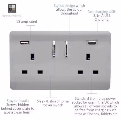 Trendi 2 Gang 13 Amp Flush Socket with 2 x Type A & C 3.1A USB Ports in Brushed Steel Silver/Grey