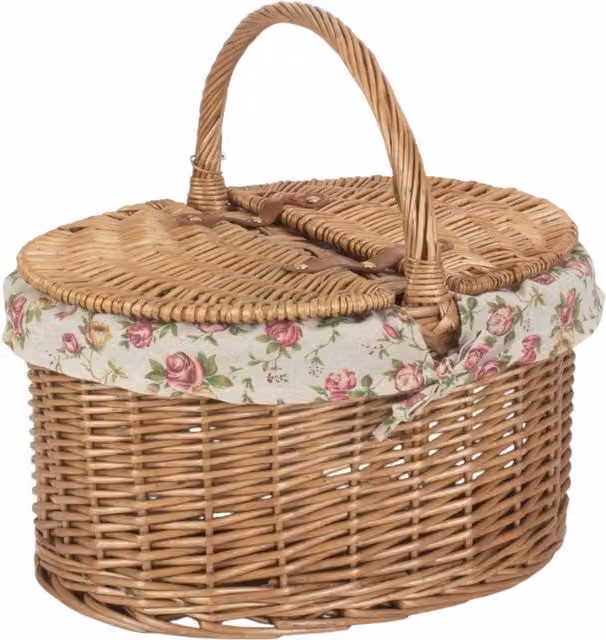 Red Wicker Oval Picnic Basket with Cotton Lining and Lid