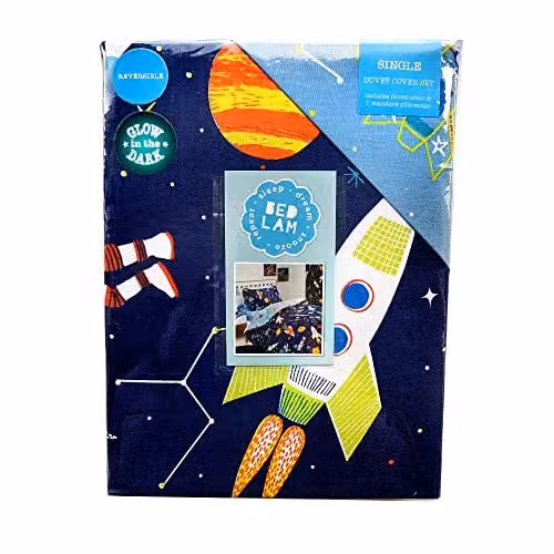 Bedlam Supersonic Glow In The Dark Space Rocket Duvet Cover and Pillowcase Set, Blue, W: 135 cm, H: 200 cm, Pillowcase: 90 x 200 cm – 8