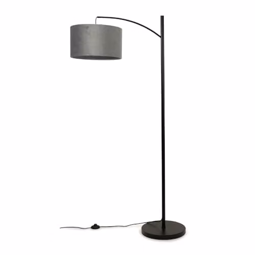 ValueLights Black Metal Curve Stem Floor Lamp with Grey Velvet Shade and Warm White LED Bulb, H: 157.5 cm x W: 35 cm x D: 35 cm