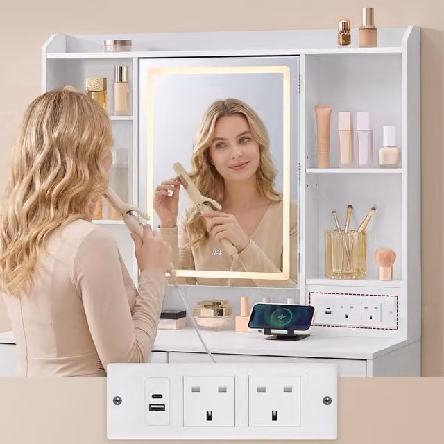 VASAGLE White Modern Hollywood LED Vanity Desk with Rectangular Mirror