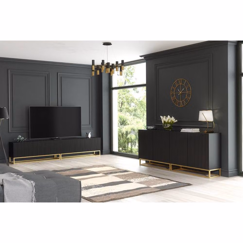 Mex Furniture LTD Ripple Duo TV Unit in Black with Gold Fluted Doors, W: 200 cm, D: 45 cm, H: 35 cm – 3