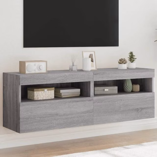 Berkfield Home Set of 2 Modern Grey Wall Mounted TV Cabinets with Integrated LED Lighting, W: 60 cm, D: 30 cm, H: 40 cm