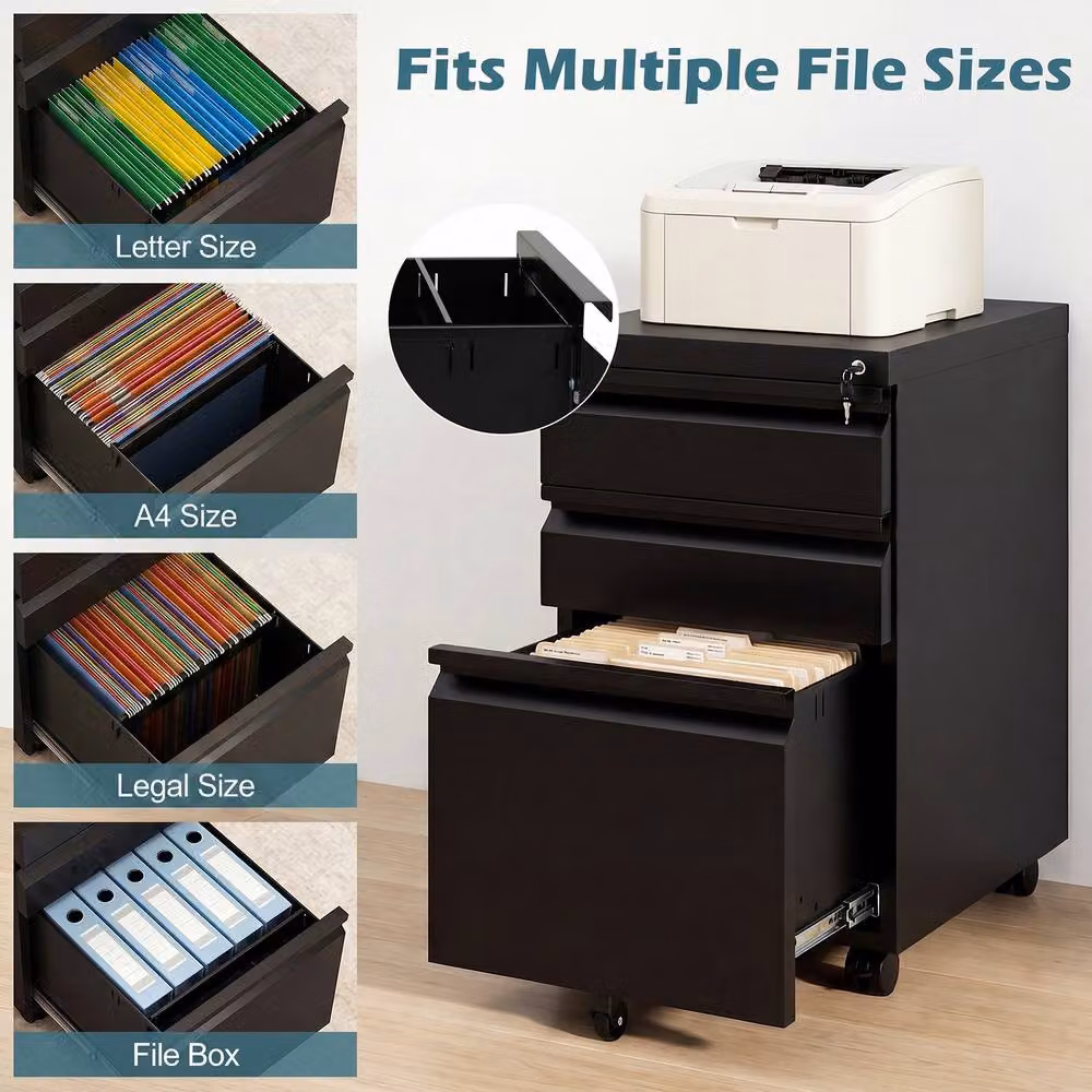 Costway 3-Drawer Mobile Metal Filing Cabinet with Lock and Castors in Black – 8