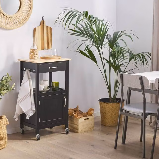 Wyld and Coco Essentials Modern Black Kitchen Trolley with Rubberwood Top and Drawer, H 91.0 x W 60.0 x D 48.0 cm