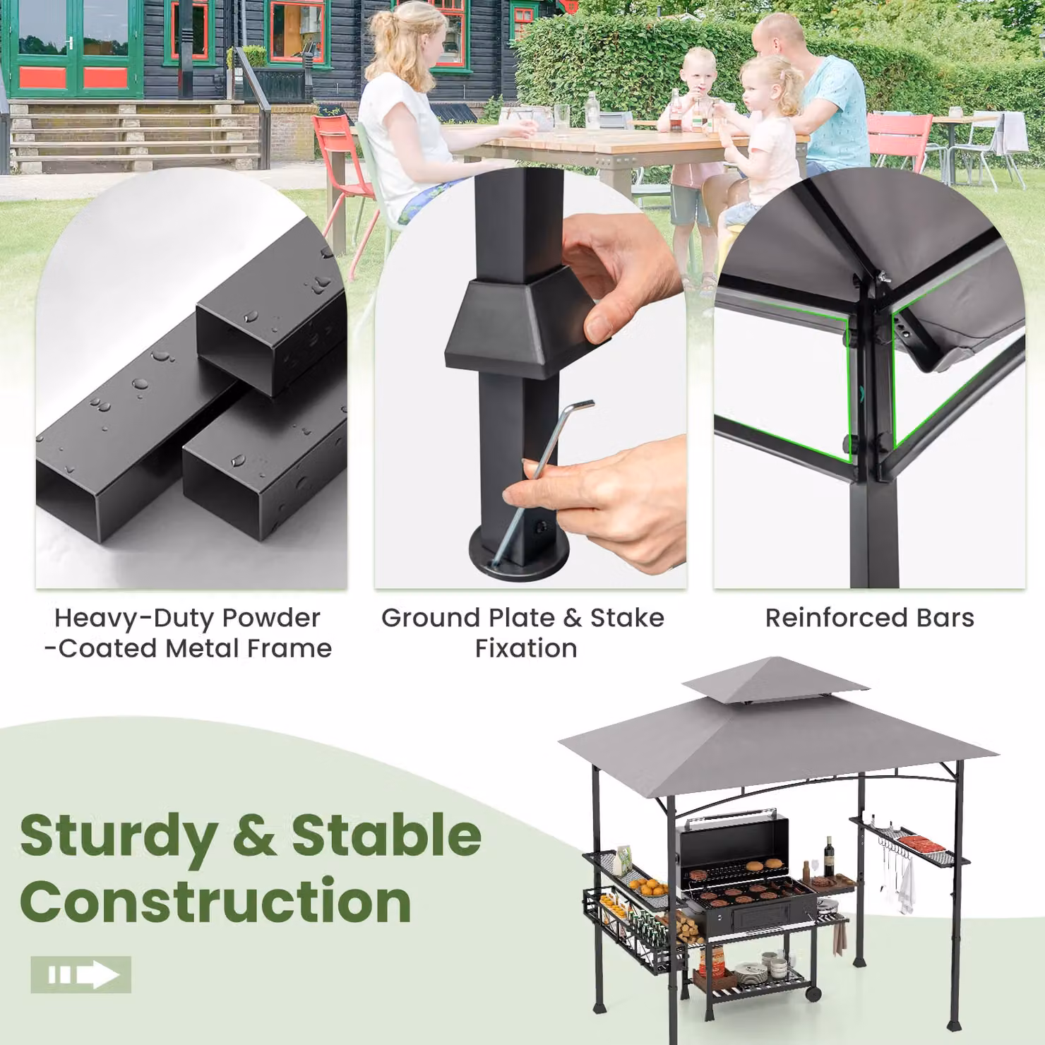Gymax Outdoor Grill Gazebo BBQ Canopy Tent with 2 Side Shelves, Grey, W: 242 cm, D: 153 cm, H: 250 cm – 5