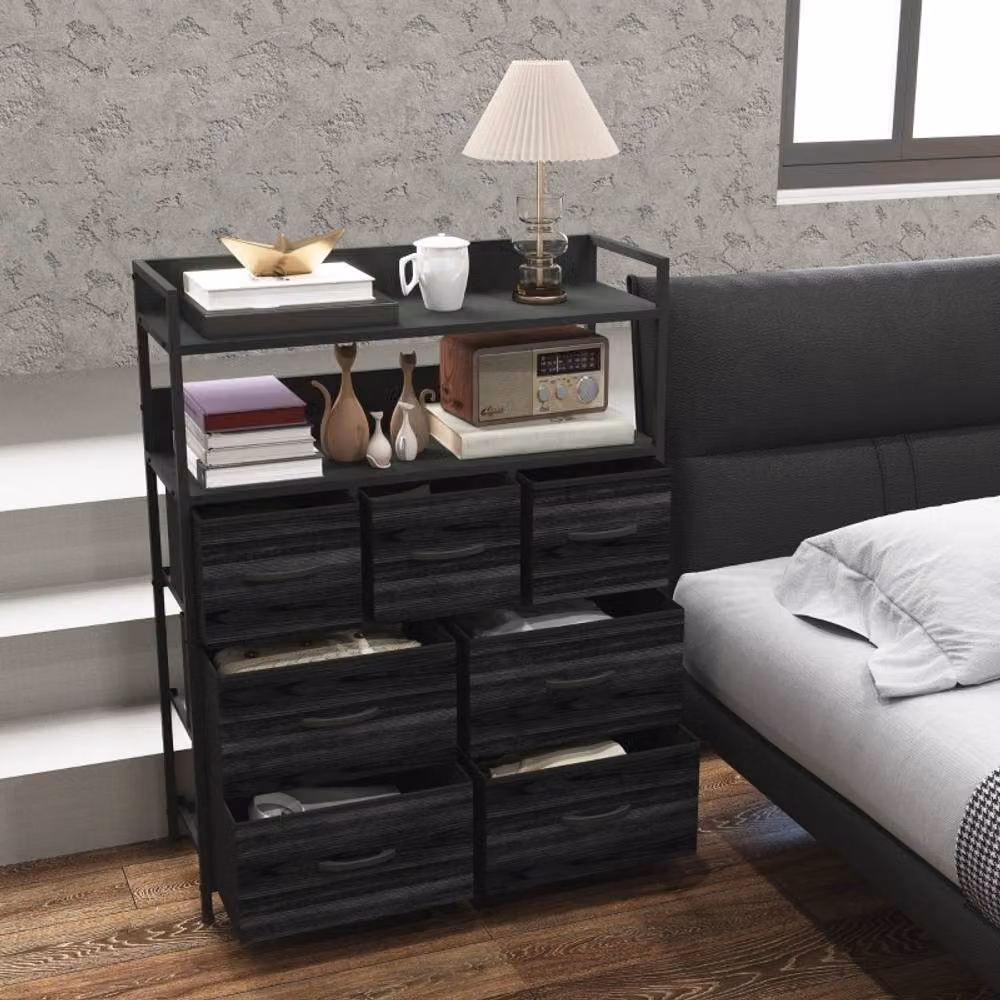 STILVORA Industrial Freestanding Chest of 7 Drawers with Shelves in Black Fabric and Metal – 5