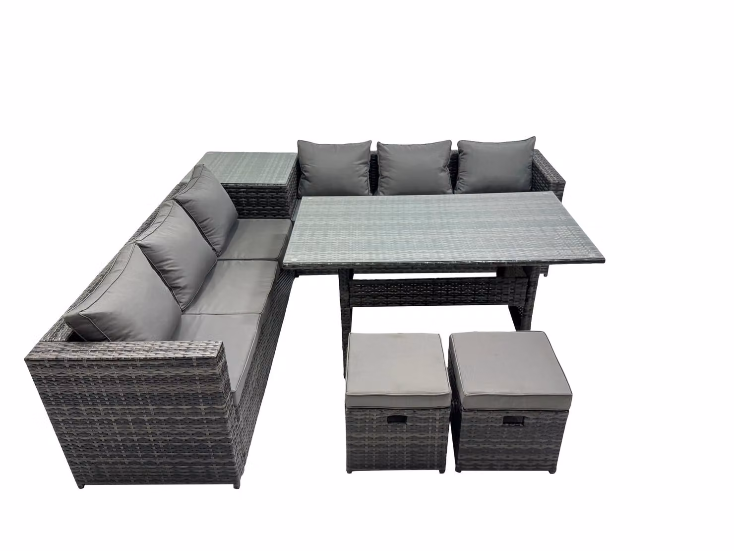 Fimous 8 Seater Garden Rattan Furniture Set with Side Table and 2 Small Stools in Dark Grey – 2