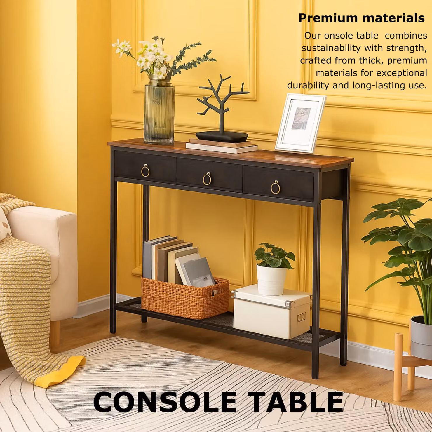 Storvo Slim Console Table with 3 Non-woven Drawers in Brown, W/D/H: 80 x 25 x 100 cm – 7