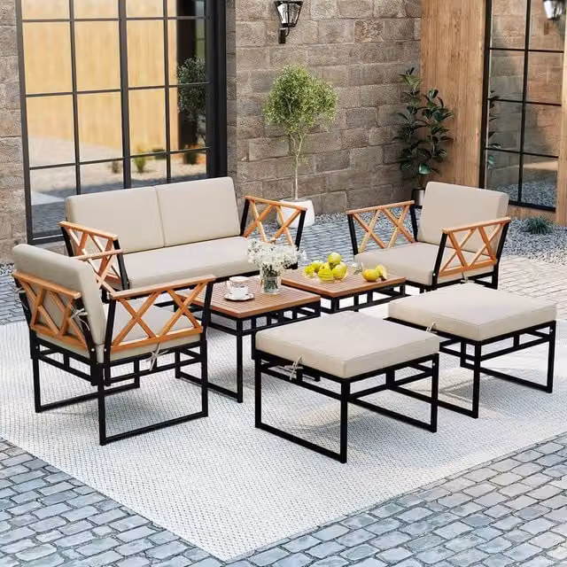 Costway 7 Piece L-Shape Outdoor Conversation Set with Metal Frame and Beige Upholstered Cushions – 1
