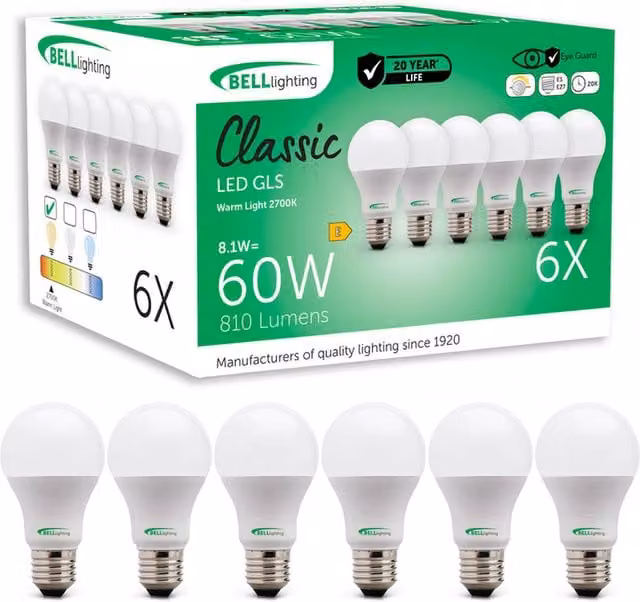 BELL Lighting E27 Dimmable LED GLS Globe Light Bulb, 8W, 810 Lumen, Warm White 2700K