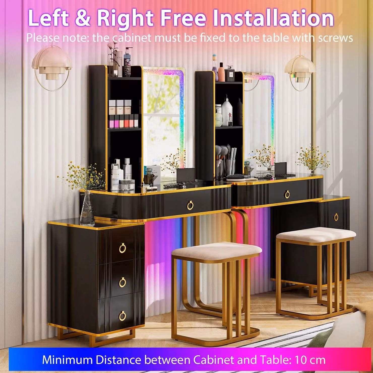 Gymax Dressing Table and Stool Set with 7-Mode Hollywood LED Mirror and Charging Station in Black – 4