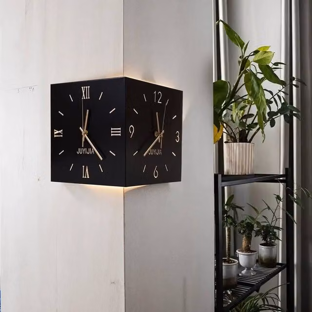 EONLION Black Double-sided Modern Corner Wall Clock with Silent Analog Movement