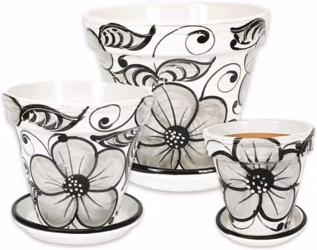 Verano Spanish Ceramics Hand Painted Grey and White Flower Ceramic Planter Set of 3 with Drainage Plates, W/D/H: 16 x 14 x 23 cm, 23 x 22 x 29 cm, 29 x 27 x 29 cm – 1