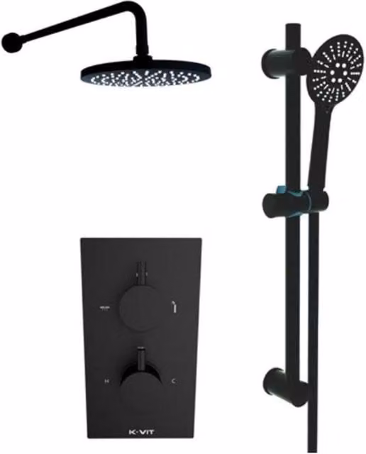 Clifton Matt Black Concealed Thermostatic Shower Set with Slide Rail and Overhead Drencher