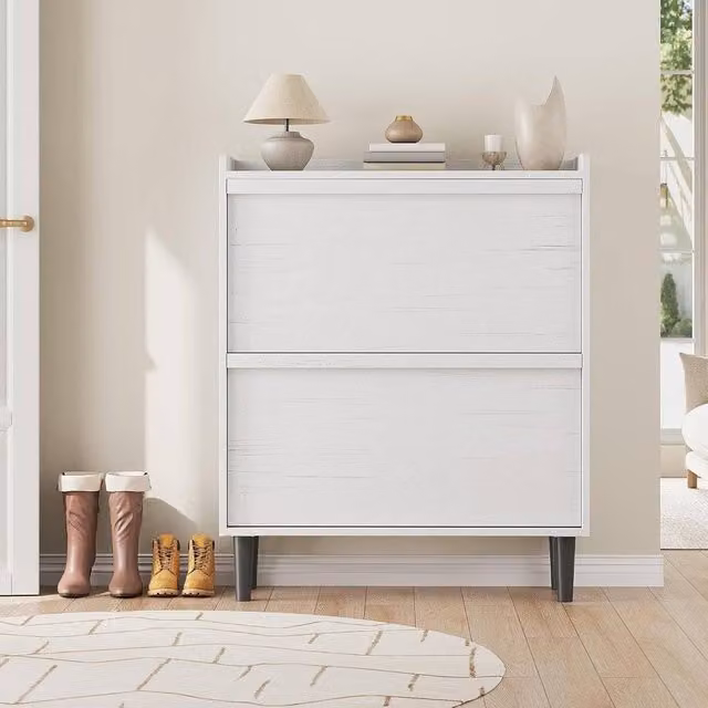 London Boutique Modern White Wooden Freestanding Shoe Cabinet with Tilting Compartments and Internal Shelves