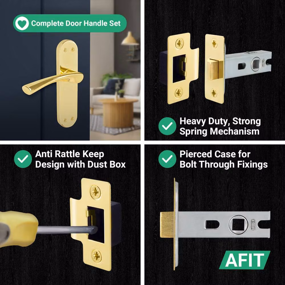 AFIT Polished Brass Twist Door Handle and Latch Set with Long Backplate, Gold, 4 Pairs – 3
