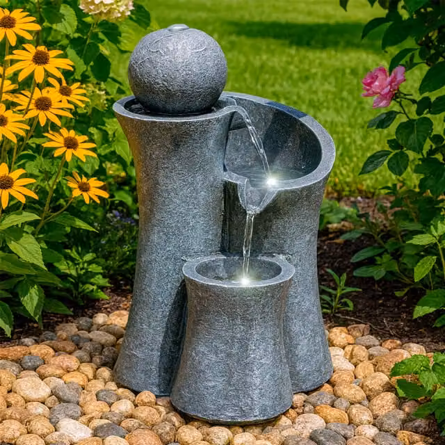 GEEZY Ball Fountain LED Water Feature in Grey for Indoor and Outdoor Decor