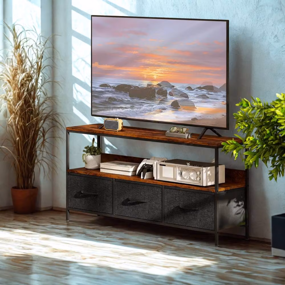 FURNOS Industrial TV Stand Unit with 3 Storage Drawers in Brown, W: 120 cm, H: 56 cm, D: 29 cm – 6