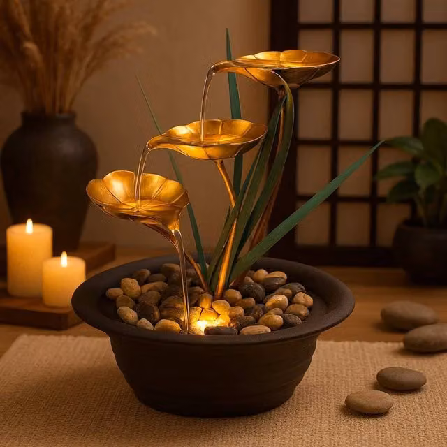 SPETLEK Modern Round Metal Tabletop Indoor LED Water Feature in Brown – 1