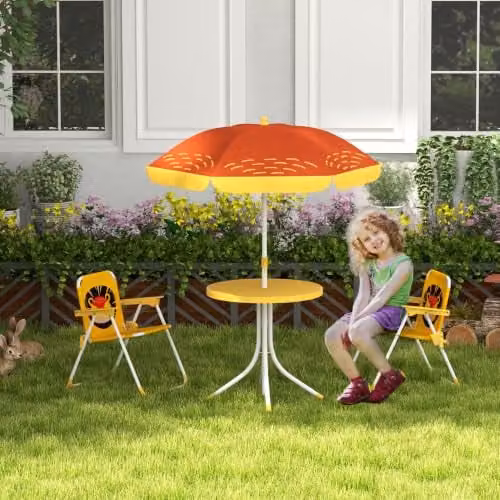 Outsunny Kids Lion Themed Bistro Set with Adjustable Parasol, 4 Pieces, Yellow – 2