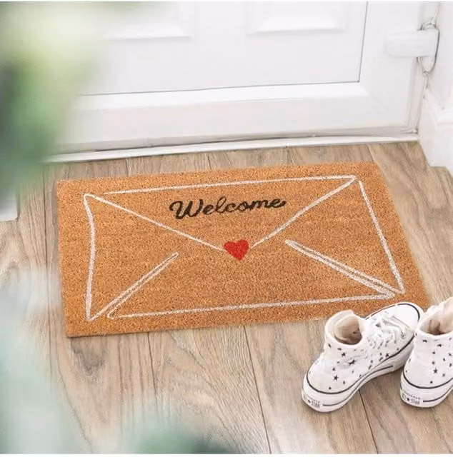 KDMD Natural Love Letter Valentine's Day Coir Doormat with Heart and Envelope Design in Brown and Red