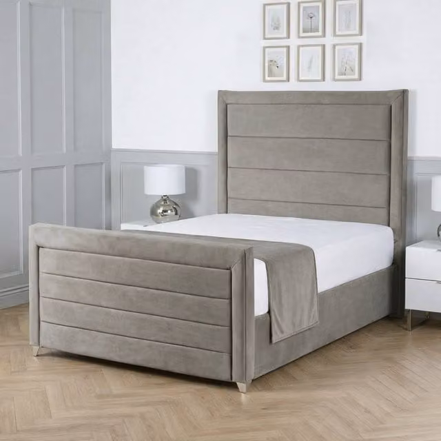 Living Comfort Bedz Selena King Size Upholstered Plush Velvet Bed with Slatted Base and 48 Inch Headboard in Light Grey, W/D/H: 180 x 200 cm