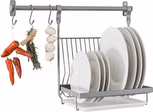 LIVIVO Hanging Steel Dish Drainer Rack with Drip Tray and Shelf, Grey