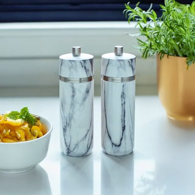 MasterClass Salt and Pepper Mill in White Marble Finish, Height: 17 cm