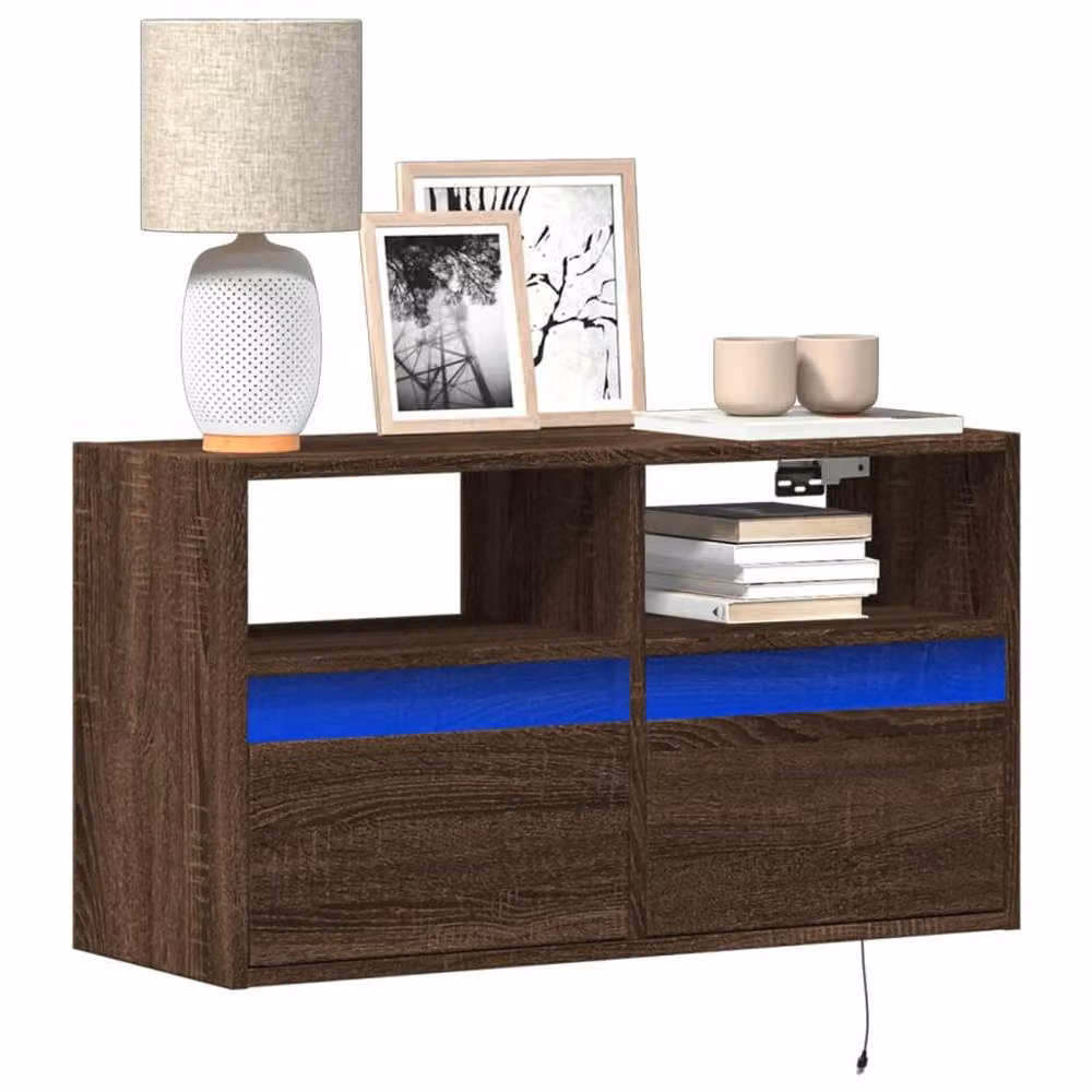 Berkfield Home Modern Wall Mounted TV Cabinet with LED Lights in Brown Oak, W: 80 cm, D: 31 cm, H: 45 cm – 2