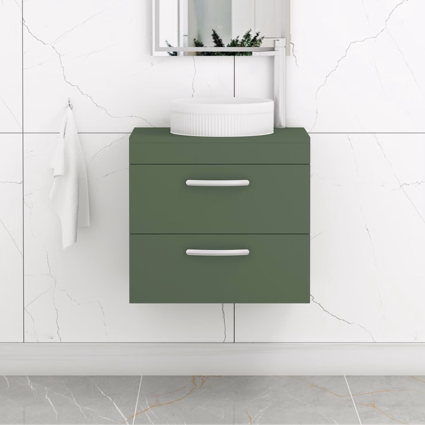 Royal Bathrooms Turin 800mm Wall Hung Vanity Unit with 2 Drawers and Round Countertop Basin in Matt Green with Brushed Brass Handle
