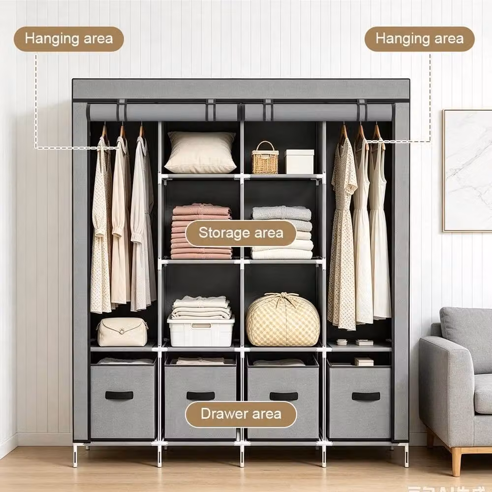 FORGEVIO Grey Fabric and Composite Freestanding Wardrobe with Roll Shutter, Hanging Rod and Internal Drawers – 2