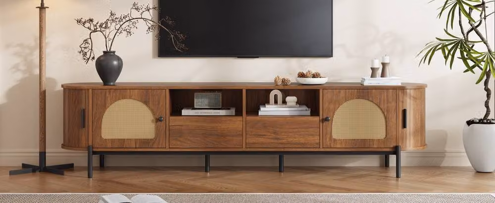 Merax Mid-Century Walnut Rattan TV Unit with Sliding Doors and Metal Legs, W: 200 cm, D: 40 cm, H: 50 cm – 6
