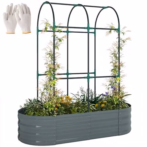 Outsunny Galvanised Steel Raised Garden Bed with Trellis, Grey, W/D/H: 121.92 x 60.96 x 140.2 cm