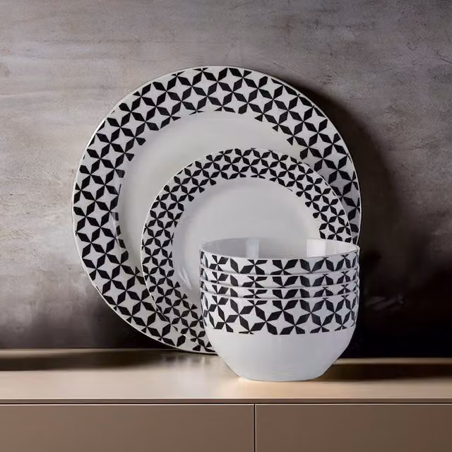 Orsina Geometric 12 Piece Porcelain Dinner Service Set in Black and White – 2