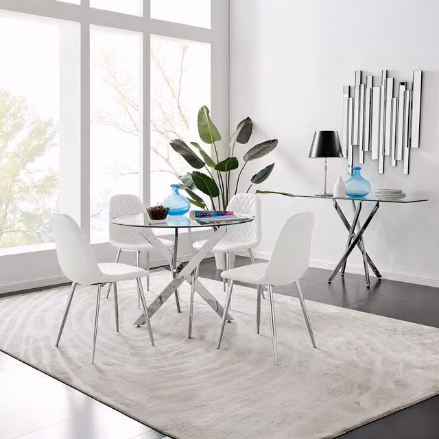 FurnitureboxUK Novara 100cm Round Clear Tempered Glass Dining Table with Chrome Starburst Legs and 4 White Faux Leather Corona Chairs with Silver Legs – 1