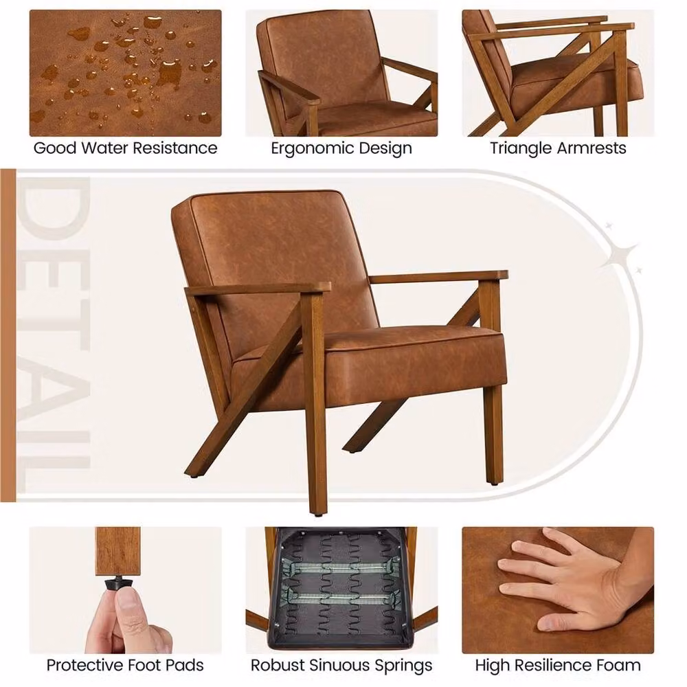 Kelvenix Mid-Century Modern Faux Leather Armchair in Brown with Solid Rubberwood Frame – 3