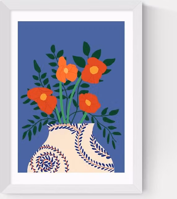 East End Prints Poppy Floral Framed Art Print, Multicolour and White Botanical Illustration