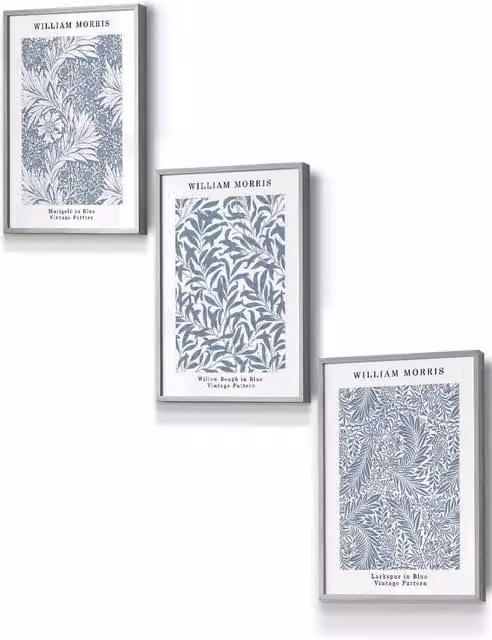 ARTZE Blue and Grey William Morris Vintage Floral Framed Wall Art, Botanical Illustration, W: 33 cm, H: 45 cm, D: 0.2 cm