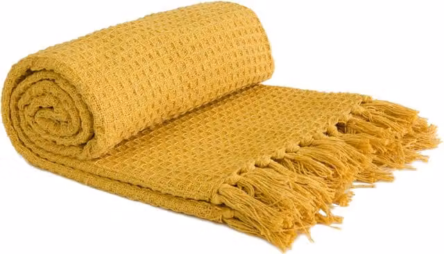 Emma Barclay Honeycomb Waffle Pique Cotton Throw with Fringes, Ochre, W: 178 cm, D: 254 cm