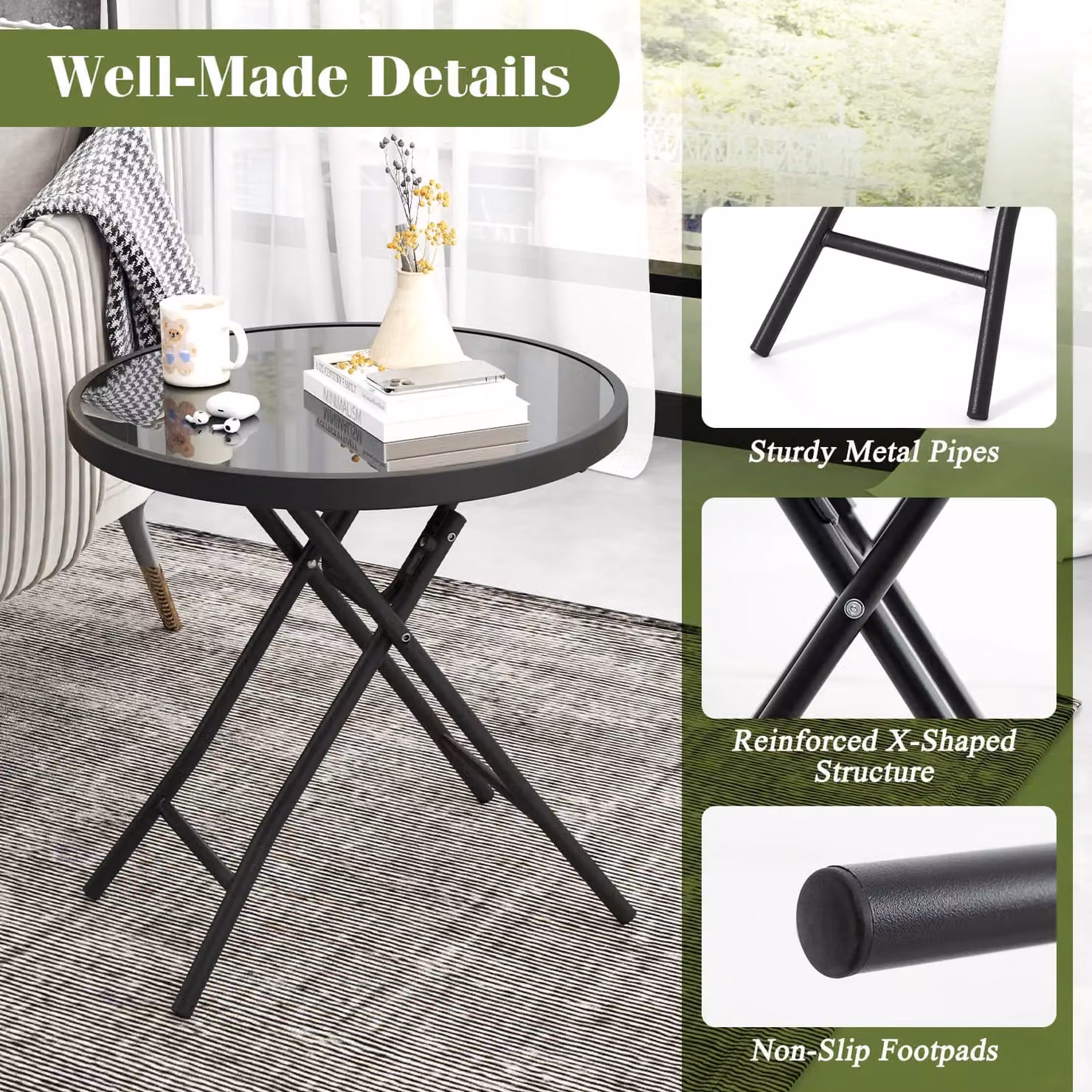 Costway Round Folding Glass Patio Coffee Table in Black – 4