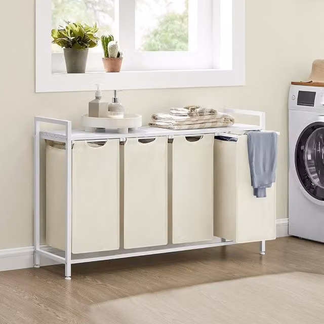 VASAGLE 4 Compartment Laundry Hamper with Shelf and Metal Frame, White