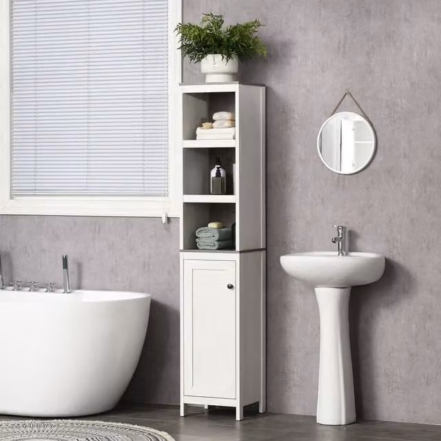 Kleankin Tall White Bathroom Storage Cabinet with Adjustable Internal Shelves and Open Shelf