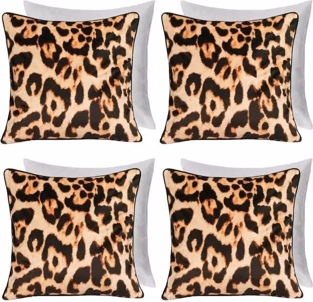 OHS Pack of 4 Brown and Multicolour Matte Velvet Leopard Print Square Filled Cushions