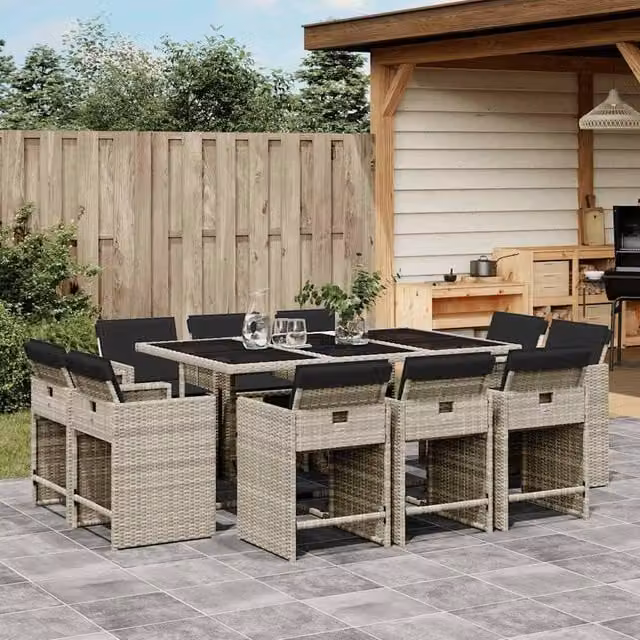 Berkfield Home 11 Piece Poly Rattan Garden Dining Set with Cushions and Glass Top in Grey