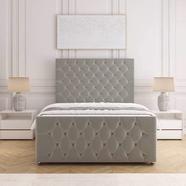 BSSPOKE Maya Plush Single Divan Bed with Headboard, Footboard and Mattress in Silver Velvet Fabric