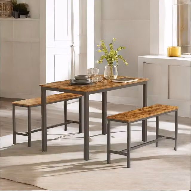 Pirlo Plush Industrial Dining Table and Bench Set in Rustic Brown and Black