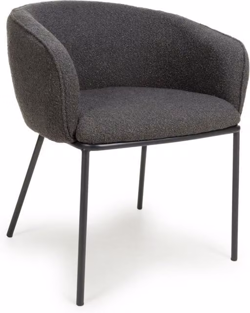 Shankar Pair of Modern Grey Boucle Fabric Dining Chairs with Armrests and Black Metal Frame