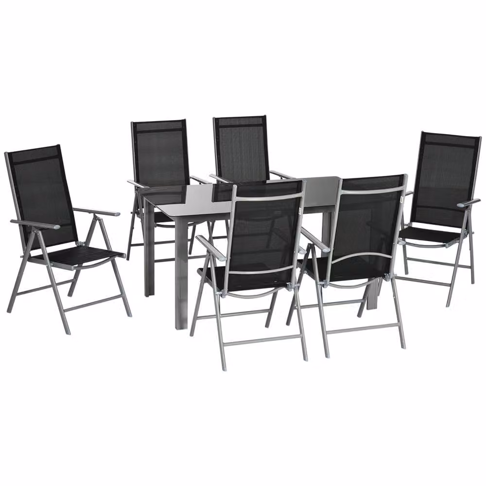 Wyld Haus Lule 6 Seater Black Powder Coated Aluminium Garden Dining Set with Glass Table and Folding Chairs – 2