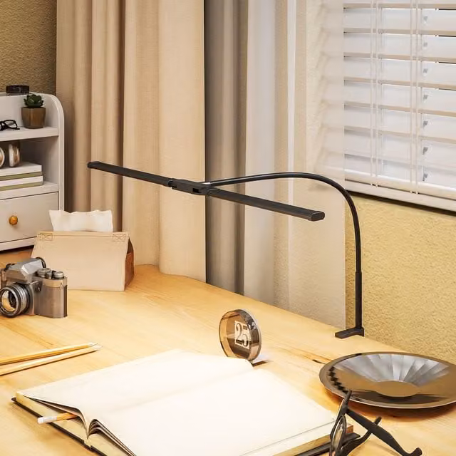 HOMCOM Double Head LED Table Lamp in Black with 3 Colour Modes, 10 Dimmable Settings and Timer Function – 1